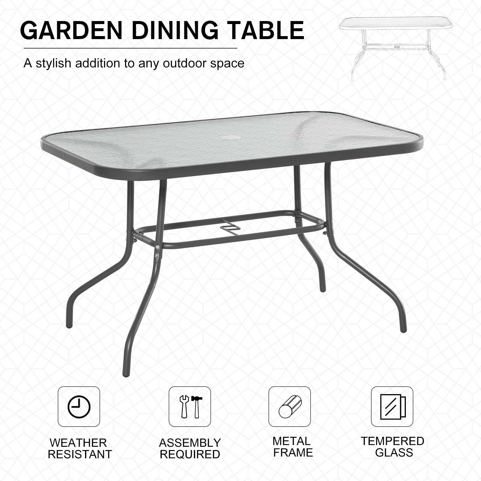 Outsunny Outdoor Patio Dining Table Metal w Tempered Glass Top Umbrella Hole Garden Furniture 47.25" x 31.5" 