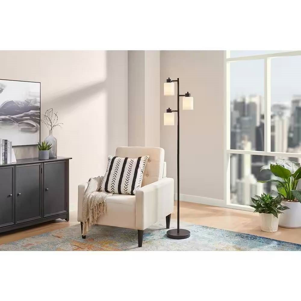 Modern 3-Light Floor Lamp in Black Metal Finish with White Plastic Shades - Free Shipping