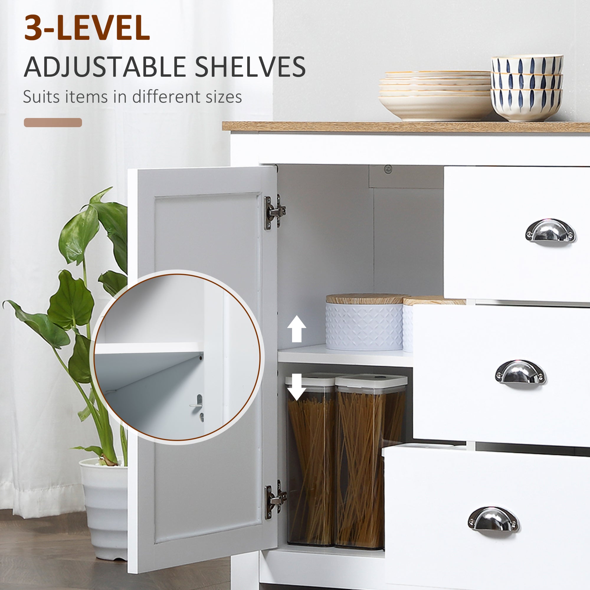 HOMCOM Modern White Buffet Cabinet: Sideboard Bar Cabinet with 3 Drawers and Adjustable Shelves for Kitchen 