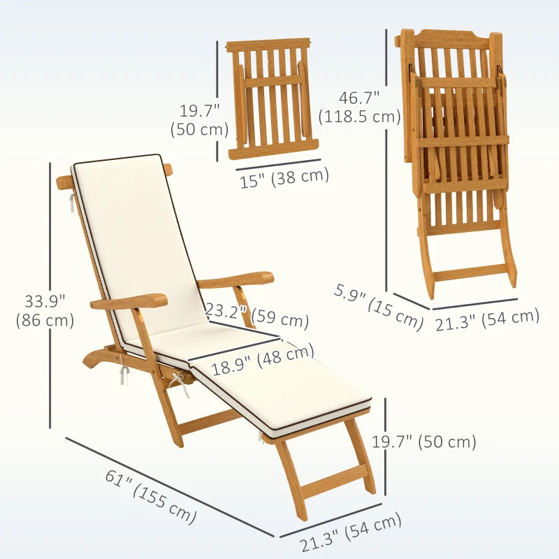 Folding Patio Lounge Chair with Padded Cushion, Acacia Wood Patio Lounger Recliner with Footrest for Garden, White