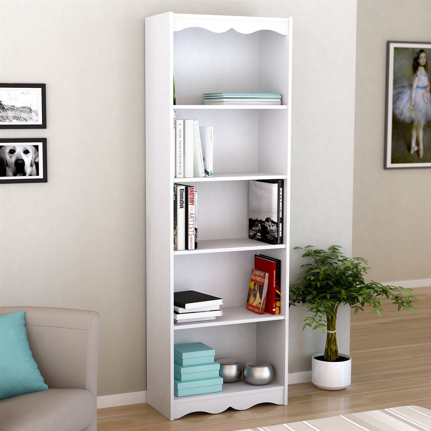 White 72-inch High Bookcase with Soft Arches and 5 Shelves - Free Shipping 