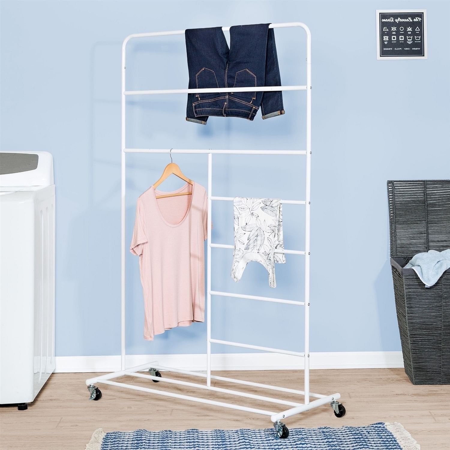 White Rolling Multi Use Laundry Clothes Drying Rack - Free Shipping