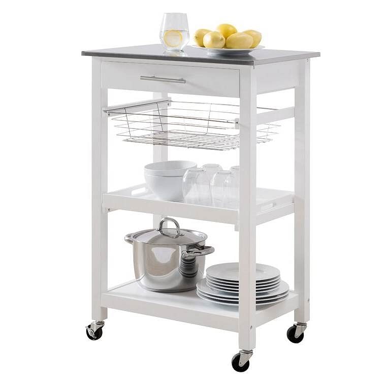 White Stainless Steel Top Kitchen Cart with Drawer and Storage Shelves - Free Shipping 