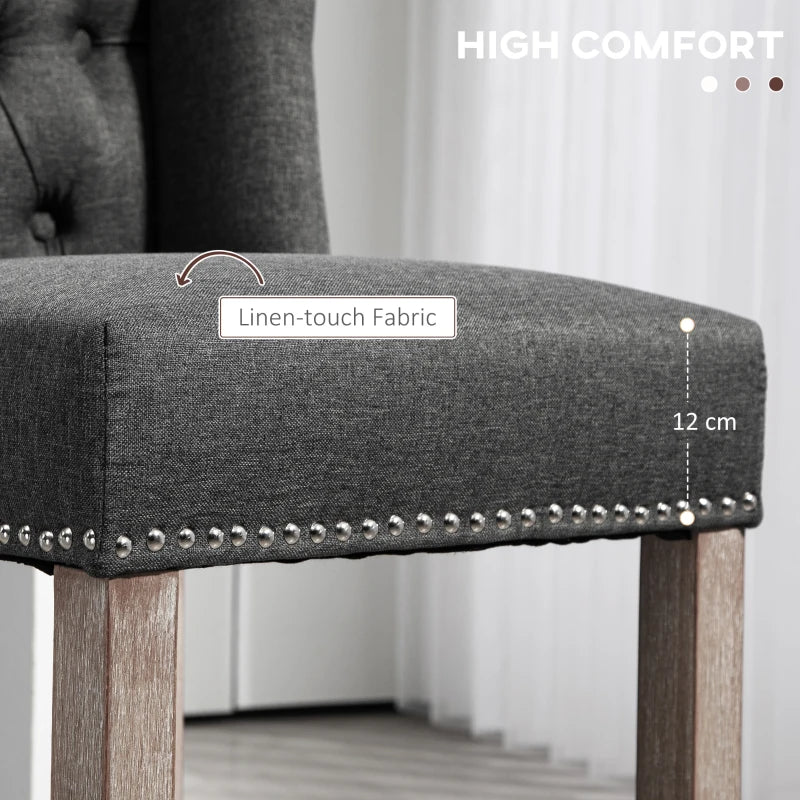 Counter Height Bar Stools Set of 2, Upholstered Bar Chairs with Nailhead Backrest and Footrest, Charcoal Grey