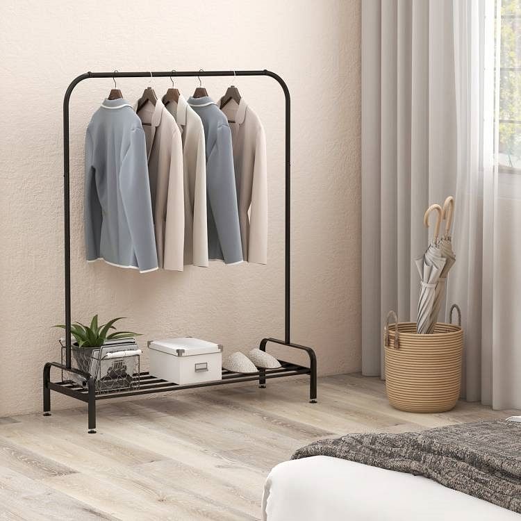 Heavy Duty Metal Garment Rack Clothes Hanging Rod with Bottom Storage Shelf - Free Shipping 