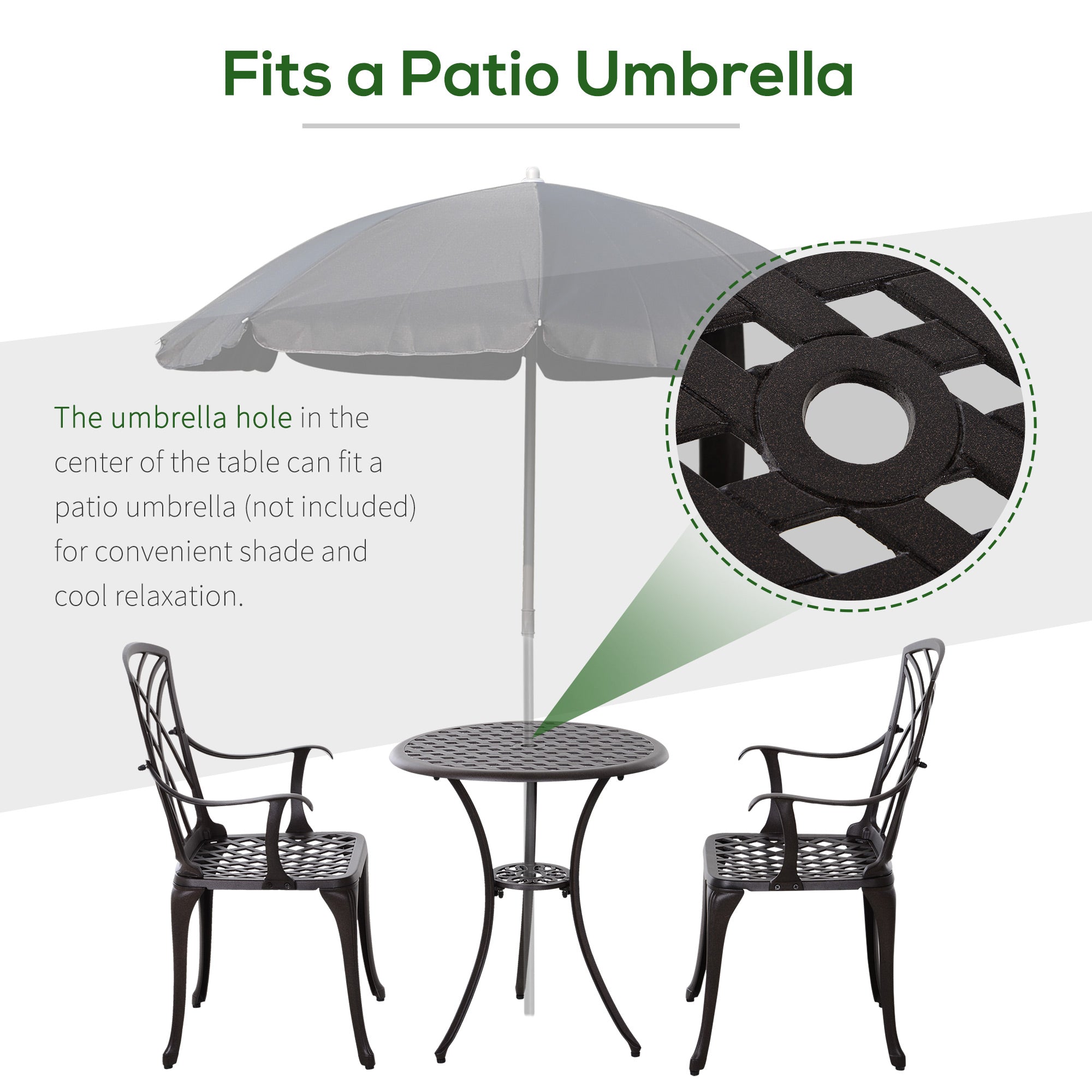 Outsunny 3 Pieces Patio Furniture Set, Outdoor Garden Conversation Set with Coffee Table, 2 Chairs and Umbrella Hole, Brown 
