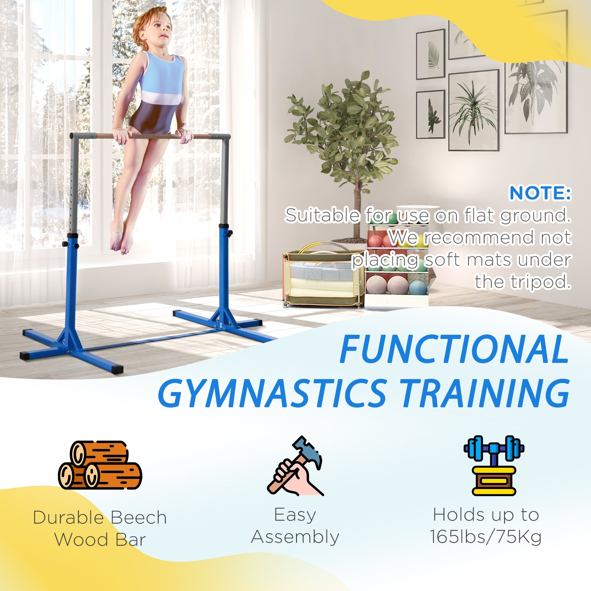 Soozier Professional Gymnastics Bar for Kids, Toddler Home Gymnastics Equipment with 13-level Adjustable Height, Blue 