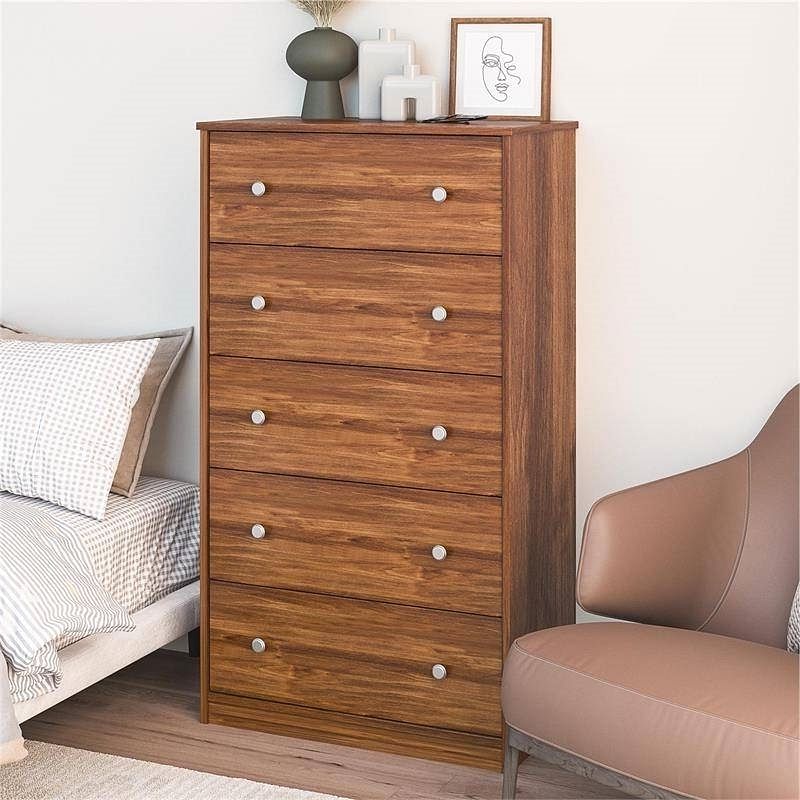 Modern 5-Drawer Bedroom Chest Dresser in Rustic Brown Wood Finish - Free Shipping