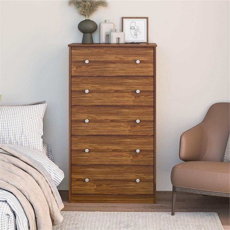 Modern 5-Drawer Bedroom Chest Dresser in Rustic Brown Wood Finish - Free Shipping