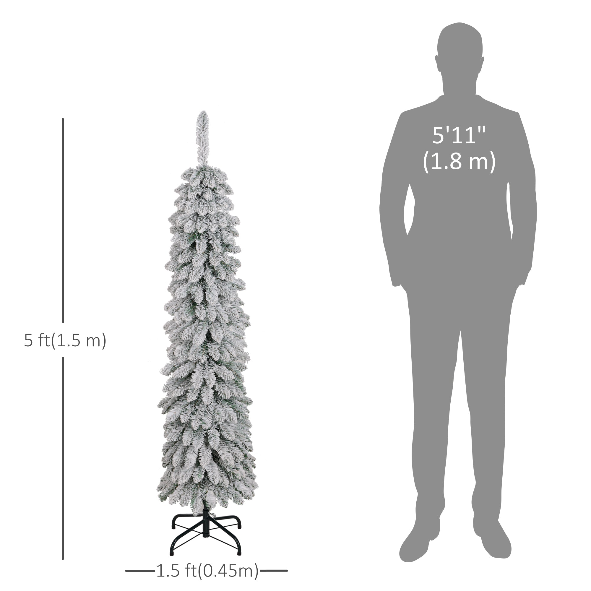 HOMCOM 5ft Snow-Flocked Artificial Christmas Tree, Slim Pencil Xmas Tree with 301 Realistic Branches, Metal Base, Green 