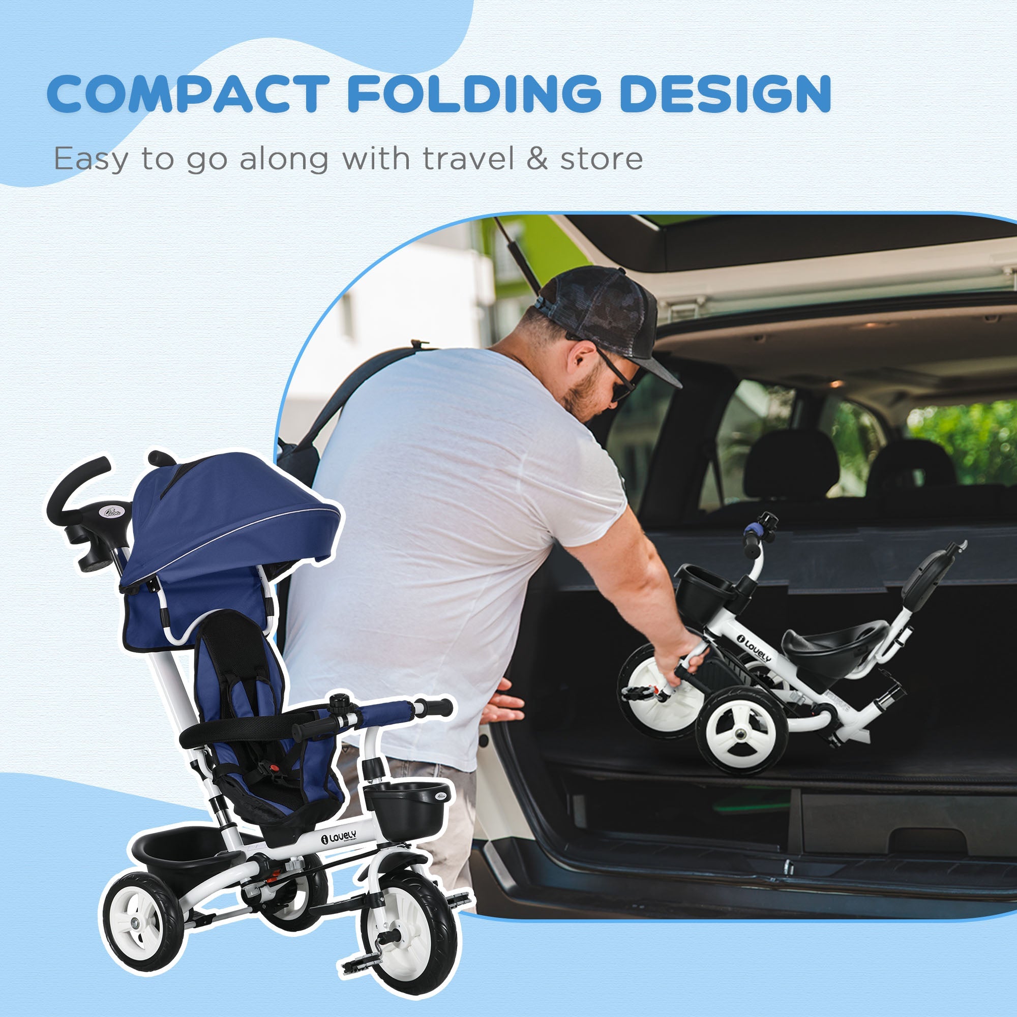 Qaba 6-in-1 Toddler Tricycle - Parent Control Handle, Canopy, Storage, Cupholder, in Dark Blue, Ideal for 1-5 Years 