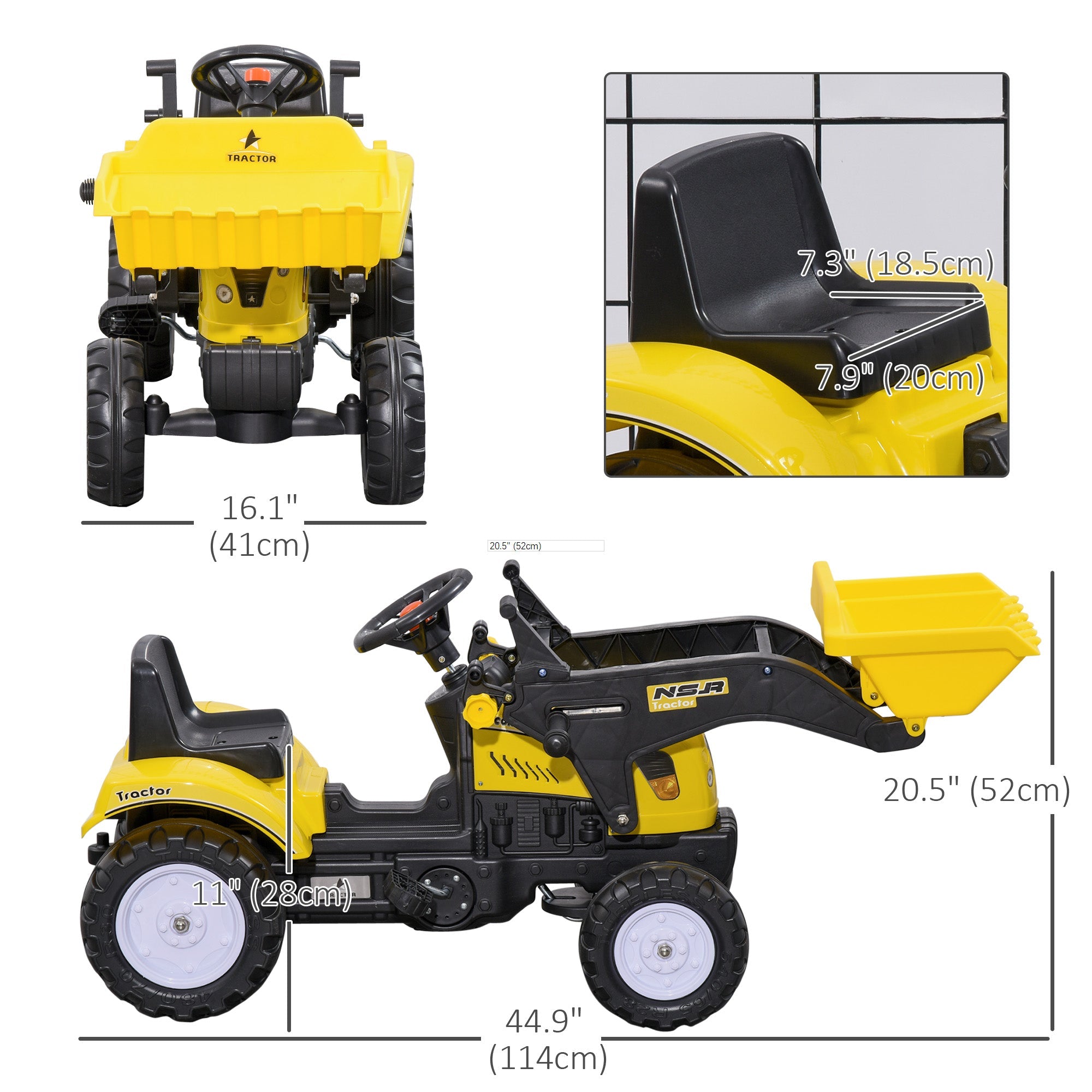 Aosom Ride on Tractor for Kids, Pedal Construction Car with Front Loader Digger for 3 Year Old, Yellow 