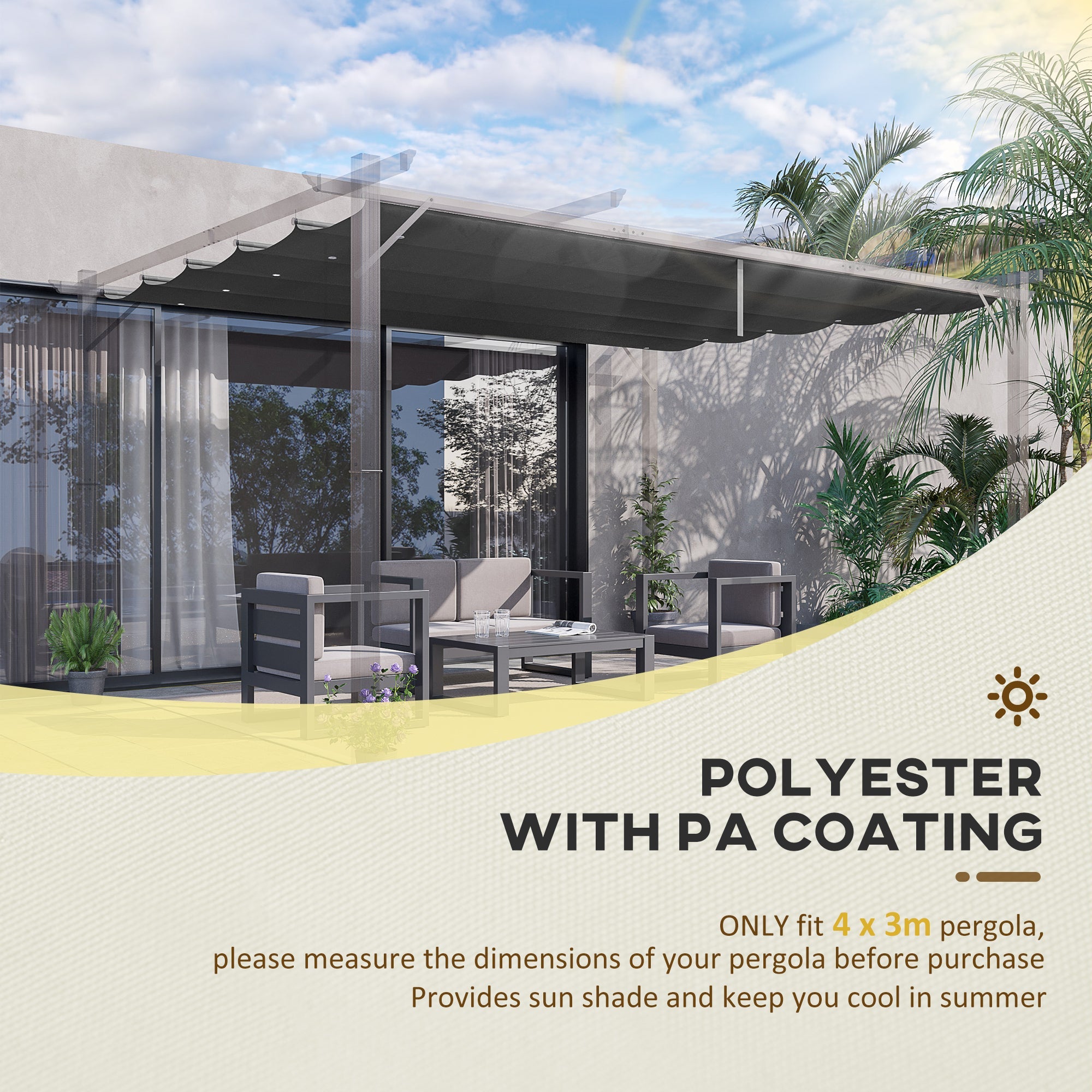 Outsunny Retractable Pergola Canopy Cover Replacement for 13.1' x 9.8' Pergola, Dark Grey 