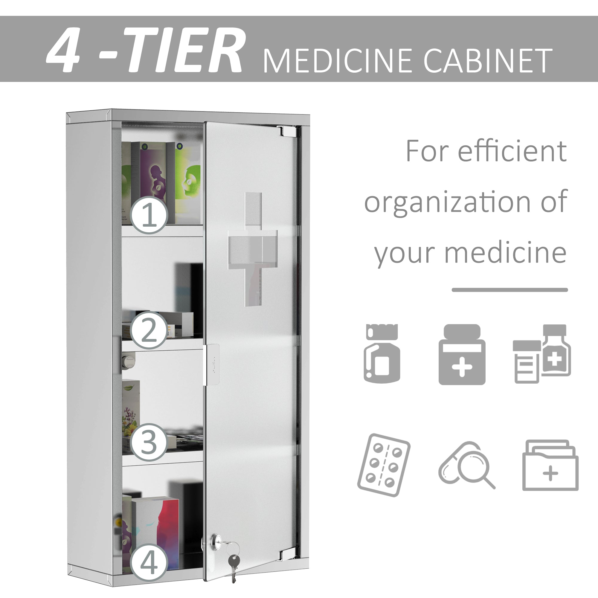 HOMCOM Secure Medicine Vault: Lockable 4-Tier Wall-Mounted First Aid Cabinet with Frosted Glass Door, Stainless Steel Frame 