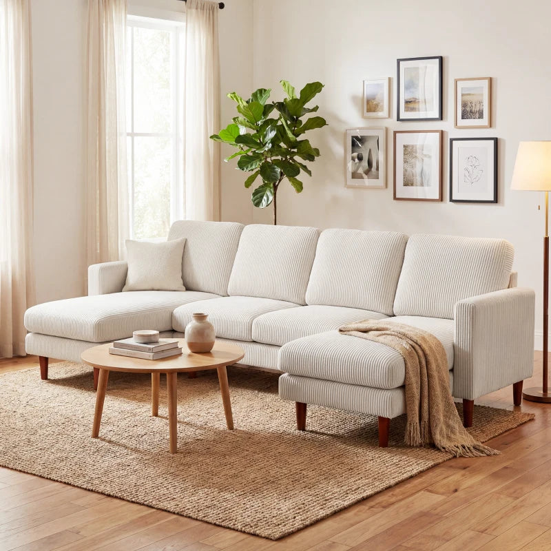🛋️ U-Shaped Corduroy Sectional Sofa – Double Chaise (Beige)