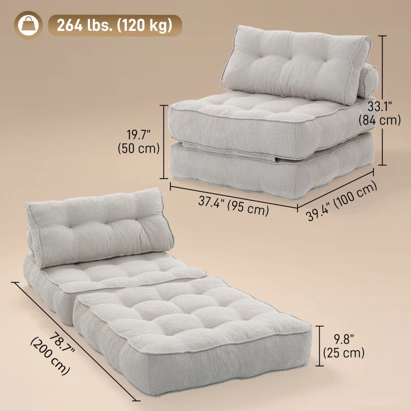 3-in-1 Folding Sofa Bed Chair with Thick Cushion & 2 Pillows – Beige Grey