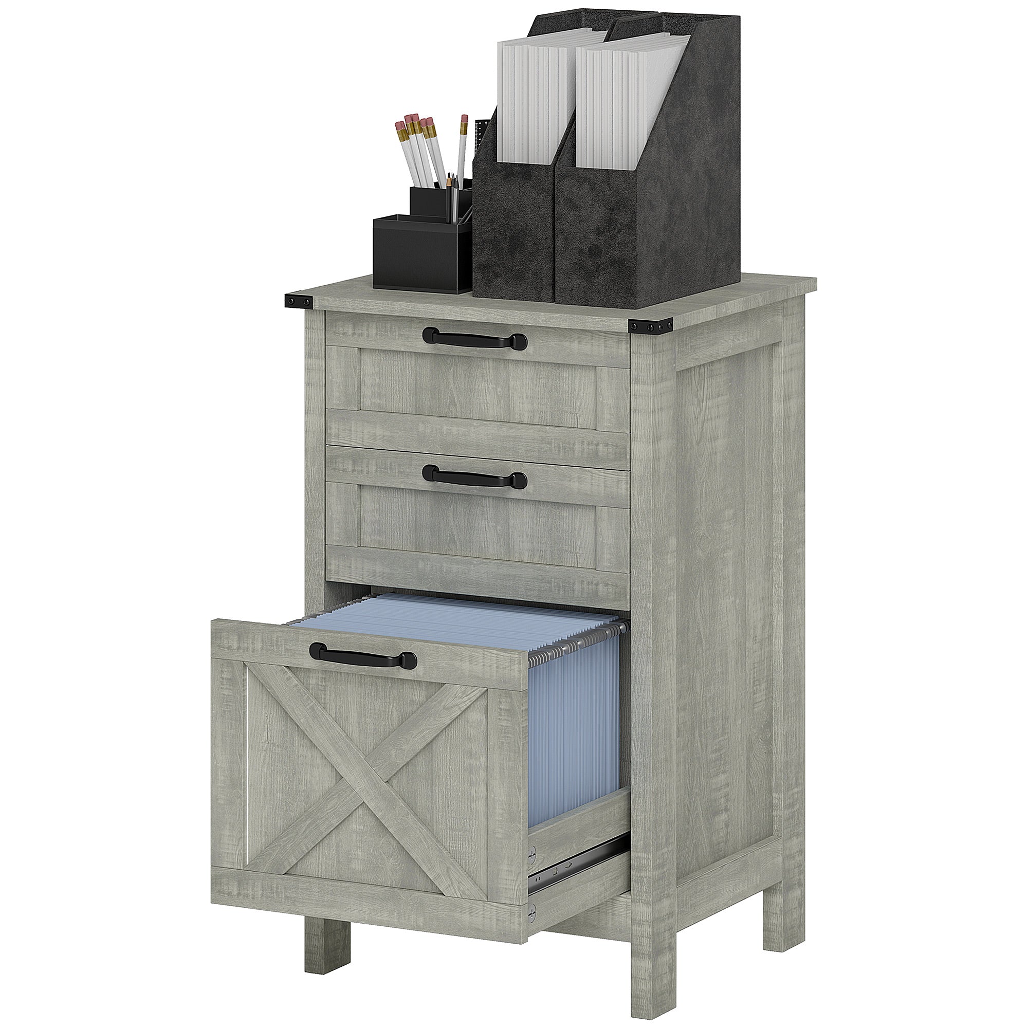 HOMCOM Vertical Filing Cabinet with 3 Drawers, Rustic Farmhouse Office Storage Cabinet for A4, Letter Size, Stone Grey 