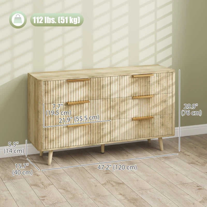 Fluted Chest of Drawers, Modern 6 Drawer Dresser with Pine Wood Legs, Finger Pulls for Closet, Living Room, Hallway, Oak