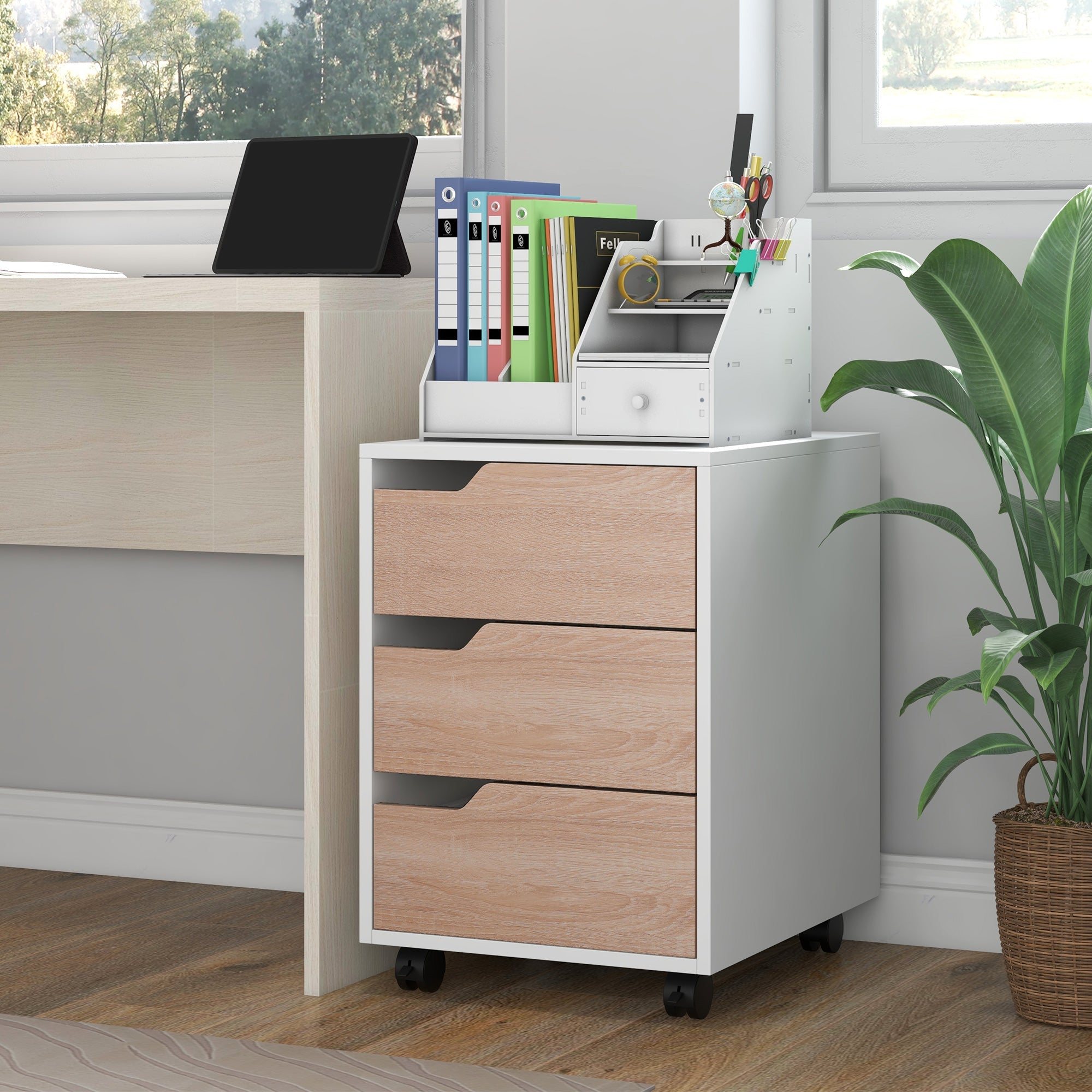 HOMCOM Mobile File Cabinet 3 Drawers Vertical Filing Organizer Wheels Office Storage Oak Furniture 