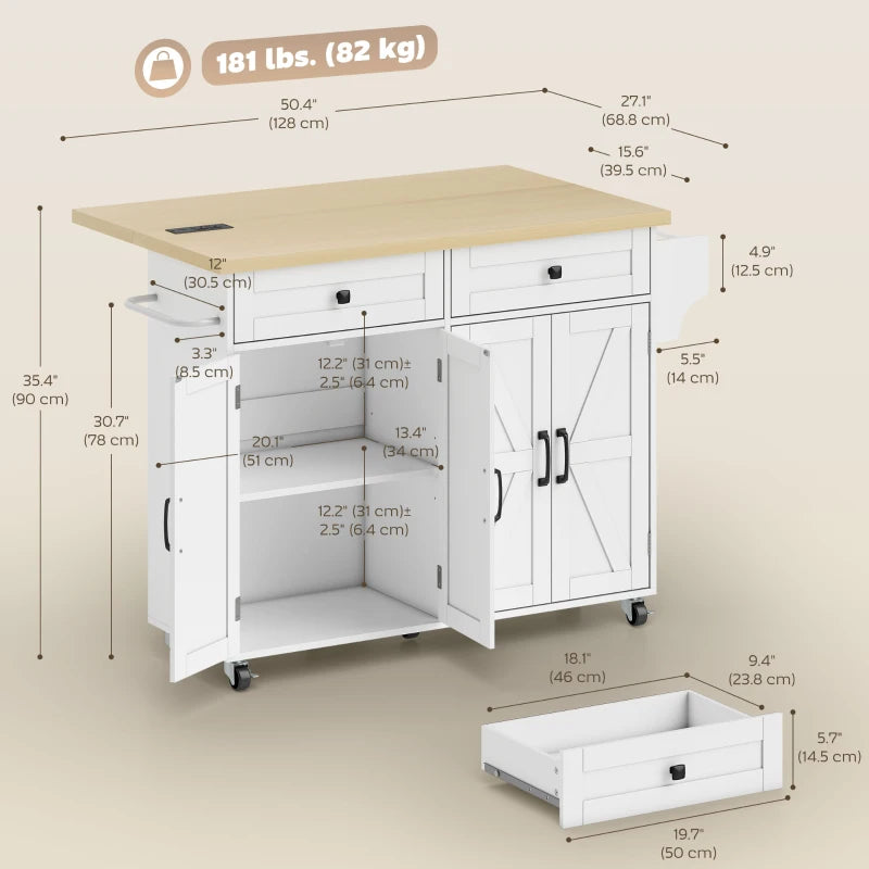 Kitchen Island with Storage, Rolling Kitchen Cart with Charging Station, Drop Leaf, Spice Rack, Towel Rack, Drawers