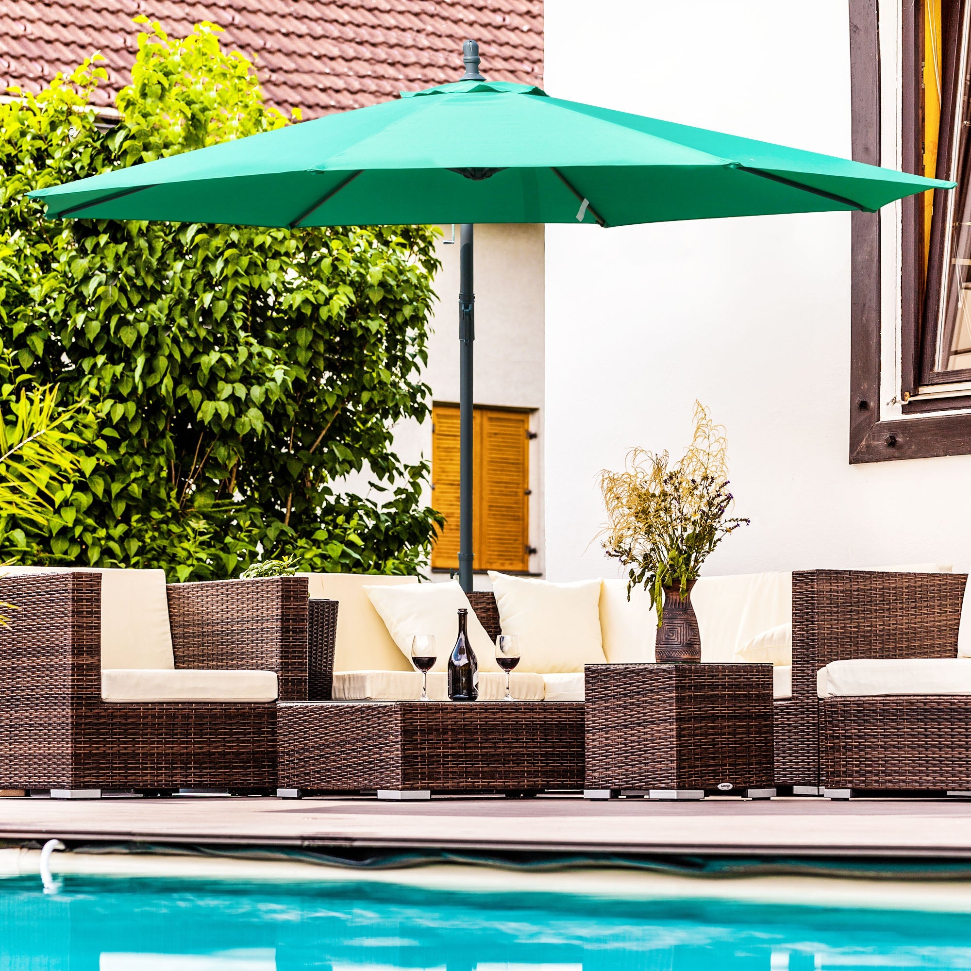 Outsunny 10ft Banana Hanging Rattan Set Sun Shade Patio Umbrella Cantilever Green 