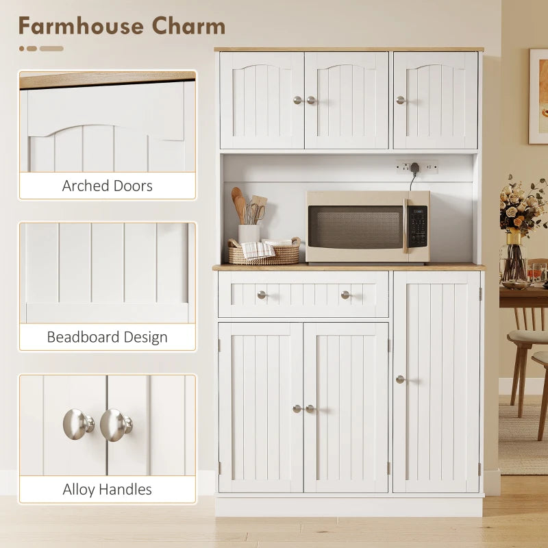 68" Pantry Cabinet with Charging Station, Kitchen Storage Cabinet with Microwave Stand, 4 Door Racks, White