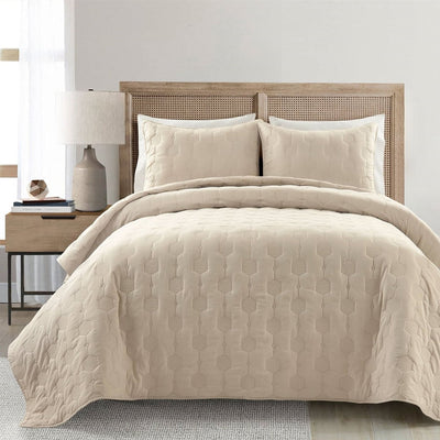 Full/Queen size Lightweight Beige Textured Cotton 3 Piece Quilt Set - Free Shipping 