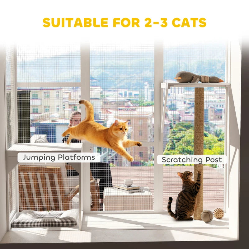Wooden Catio Outdoor, Cat Window Box Enclosure for 2-3 Large Cats with 2 Jumping Platforms & Scratching Post, White