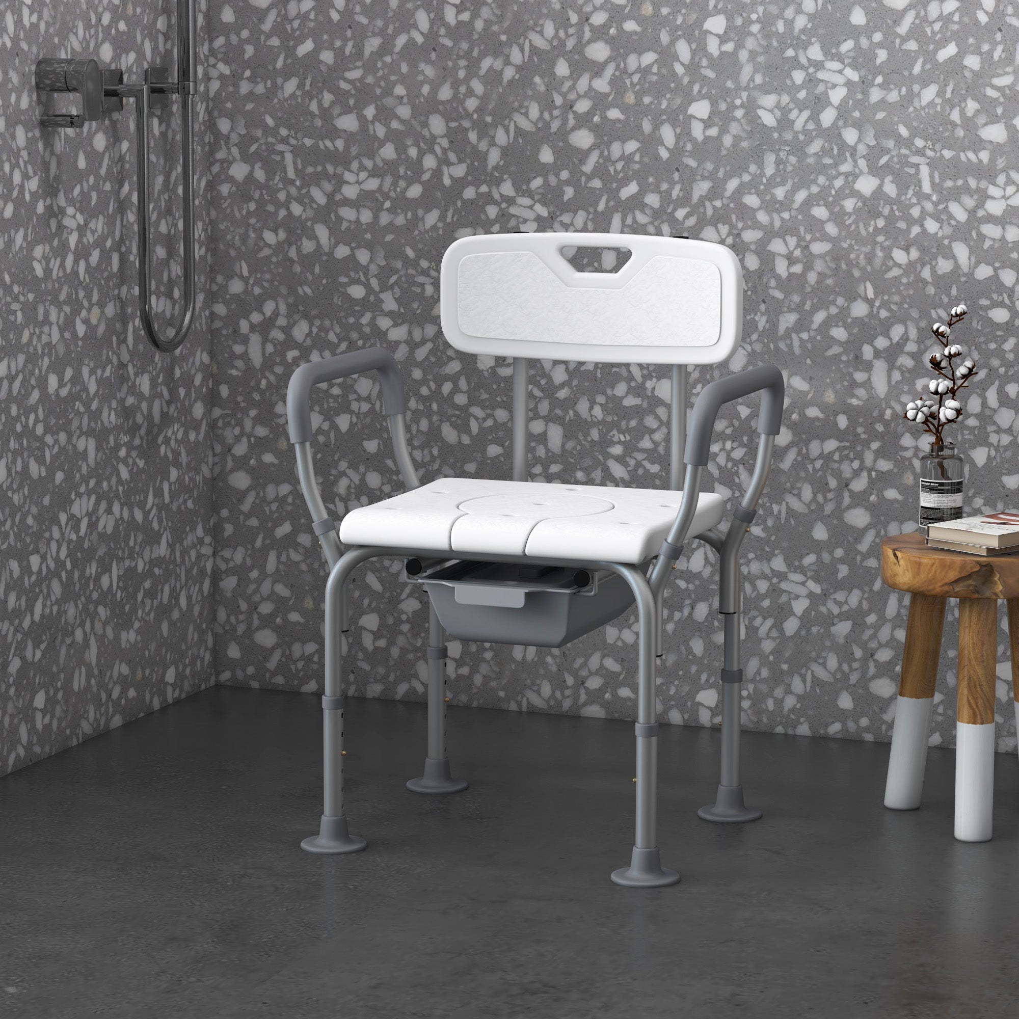 HOMCOM 3-in-1 Shower Chair with Back, Adjustable Bedside Commode, Raised Toilet Seat w/ Rubber Foot Pad for Seniors, Disabled 
