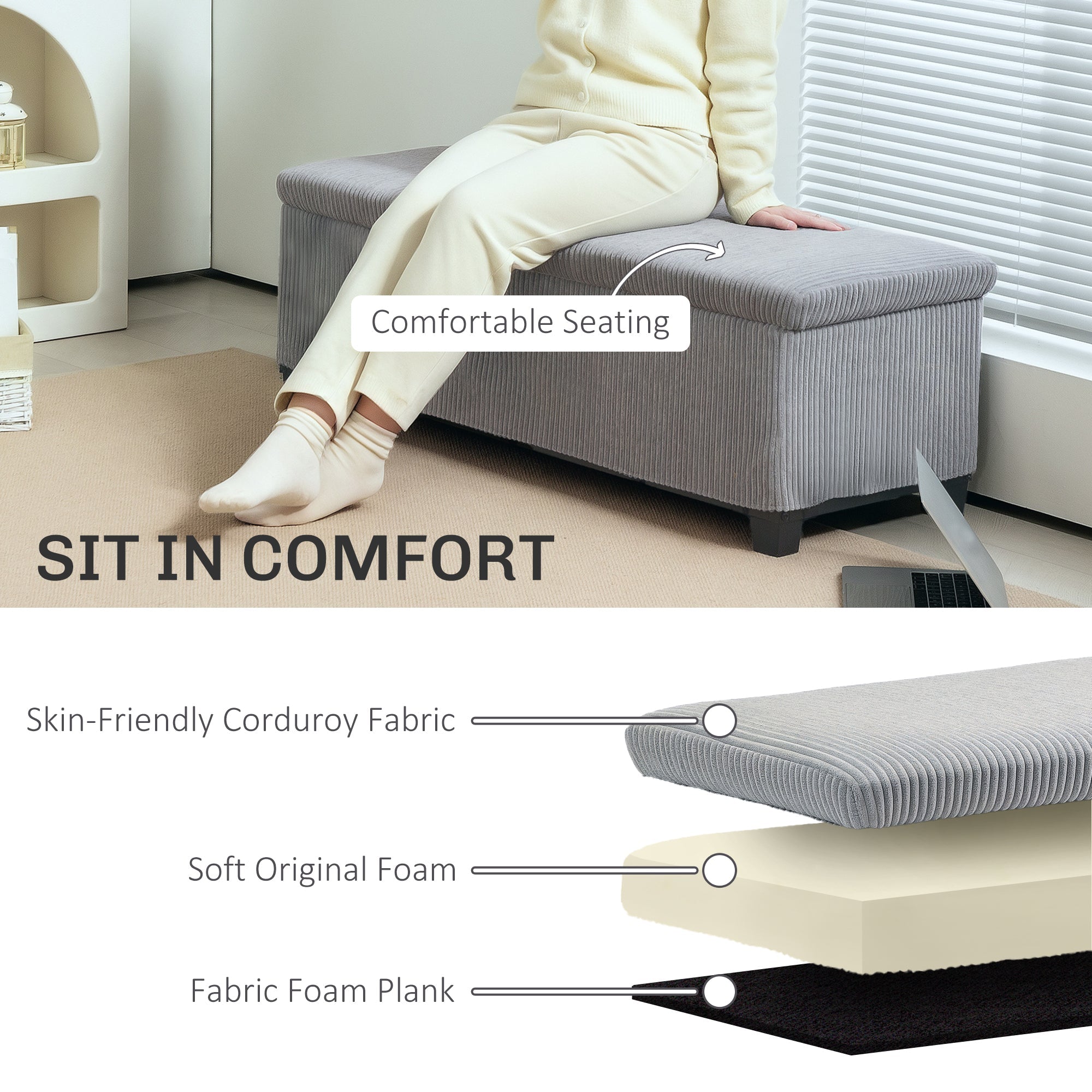 HOMCOM 44 Inches Ottoman with Storage, Lid, Legs, Corduroy End of Bed Bench for Living Room, Bedroom, Entryway, Light Grey 