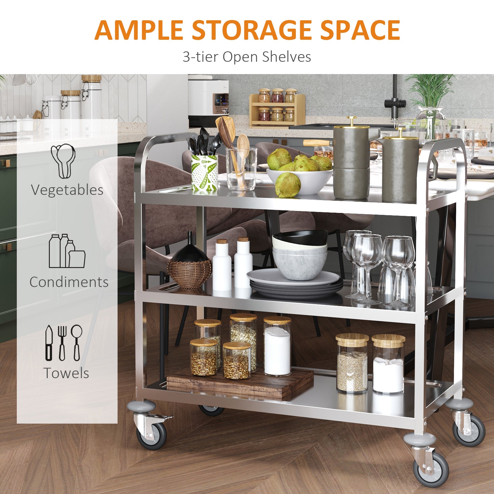 HOMCOM 33" Stainless Steel Utility Cart: 3-Tier Rolling Kitchen Trolley & Medical Lab Equipment Island with Storage 