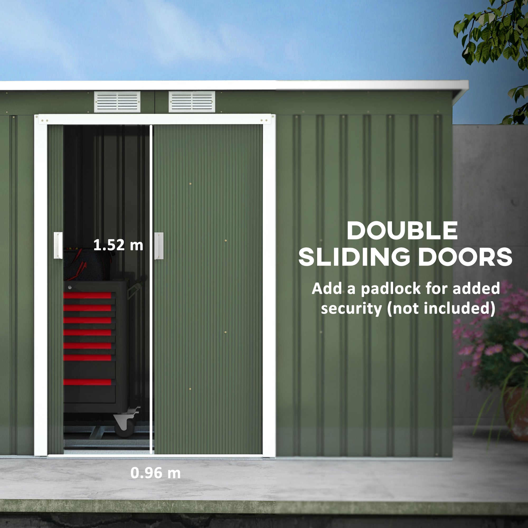 Outsunny 9'x4' Corrugated Metal Garden Shed: Summer House with Foundation, Vents & Doors, Light Green 