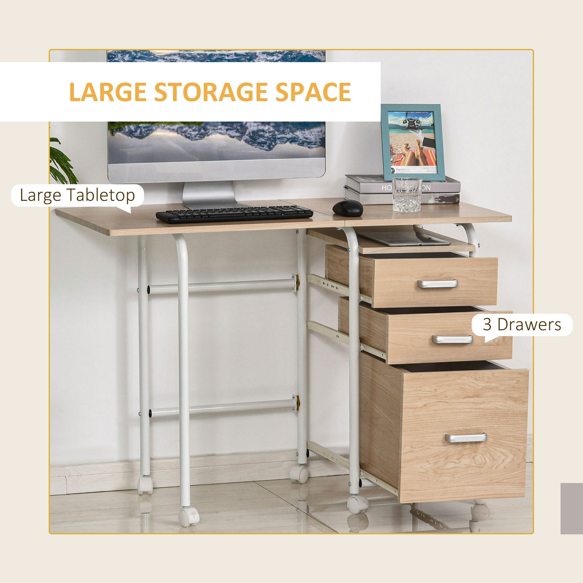 HOMCOM Foldable Desk: Drawers, Storage Shelf, Home Office Workstation, 6 Wheels, Space Saving 