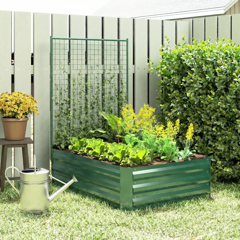 Galvanized Raised Garden Bed with Trellis for Climbing Plants, Outdoor Planter Box with Open Bottom, Green
