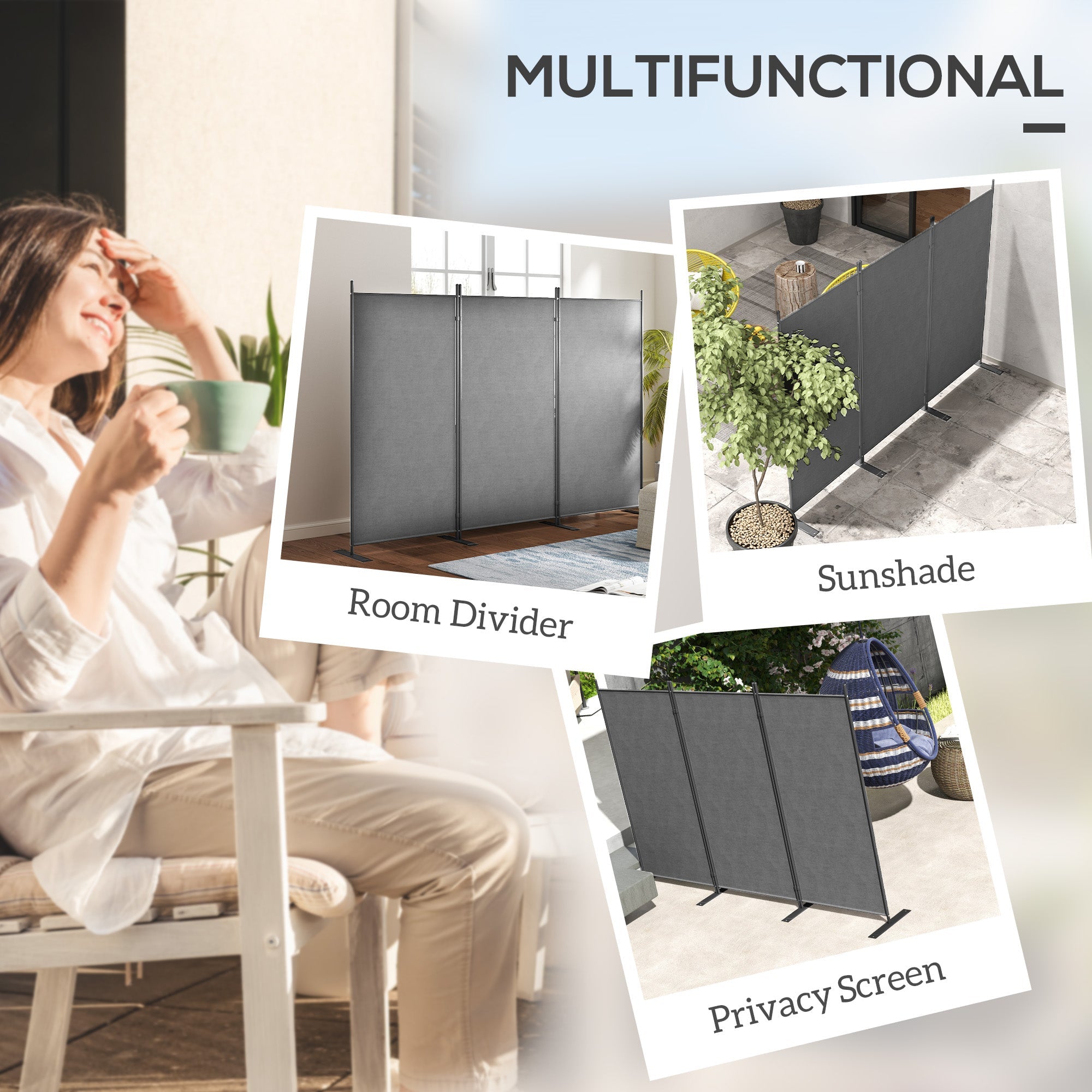 Outsunny 3 Panel Folding Outdoor Privacy Screen, 5.8FT Tall Room Divider with UV30+ Protection, Freestanding Privacy Panel Partition with Stable Base for Indoor Outdoor, Dark Grey 