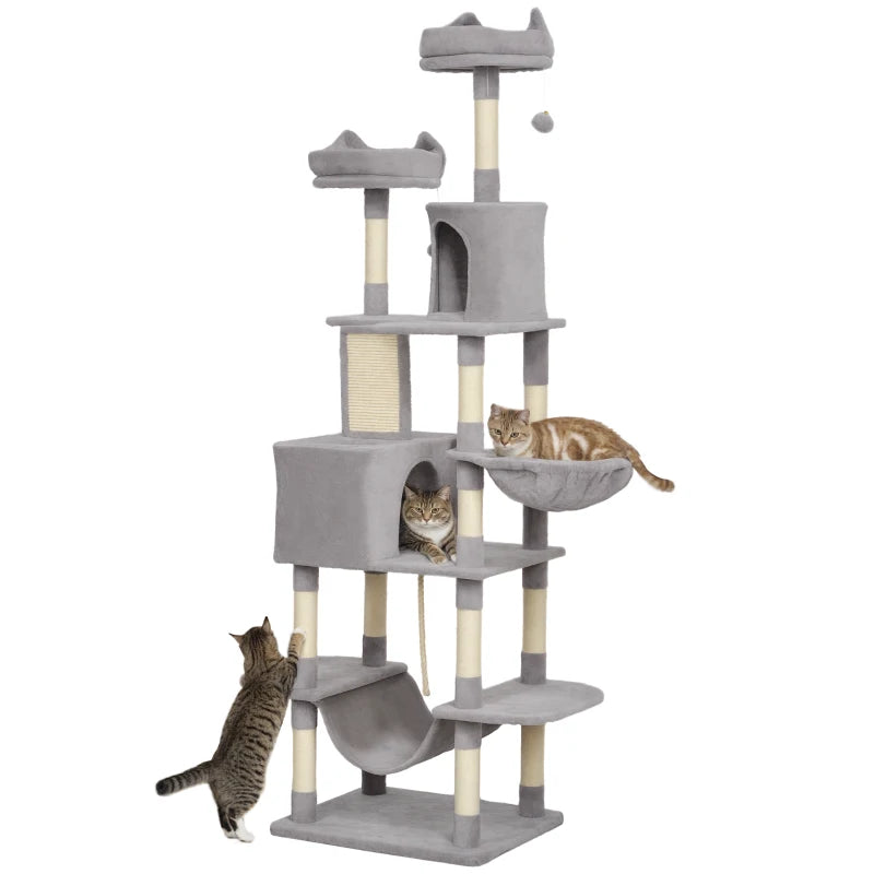 81" Large Cat Tree w/ Scratching Posts, Condos, Beds, Hammocks, Jumping Platforms, Toy Balls, Rope Cat Toy, Light Grey