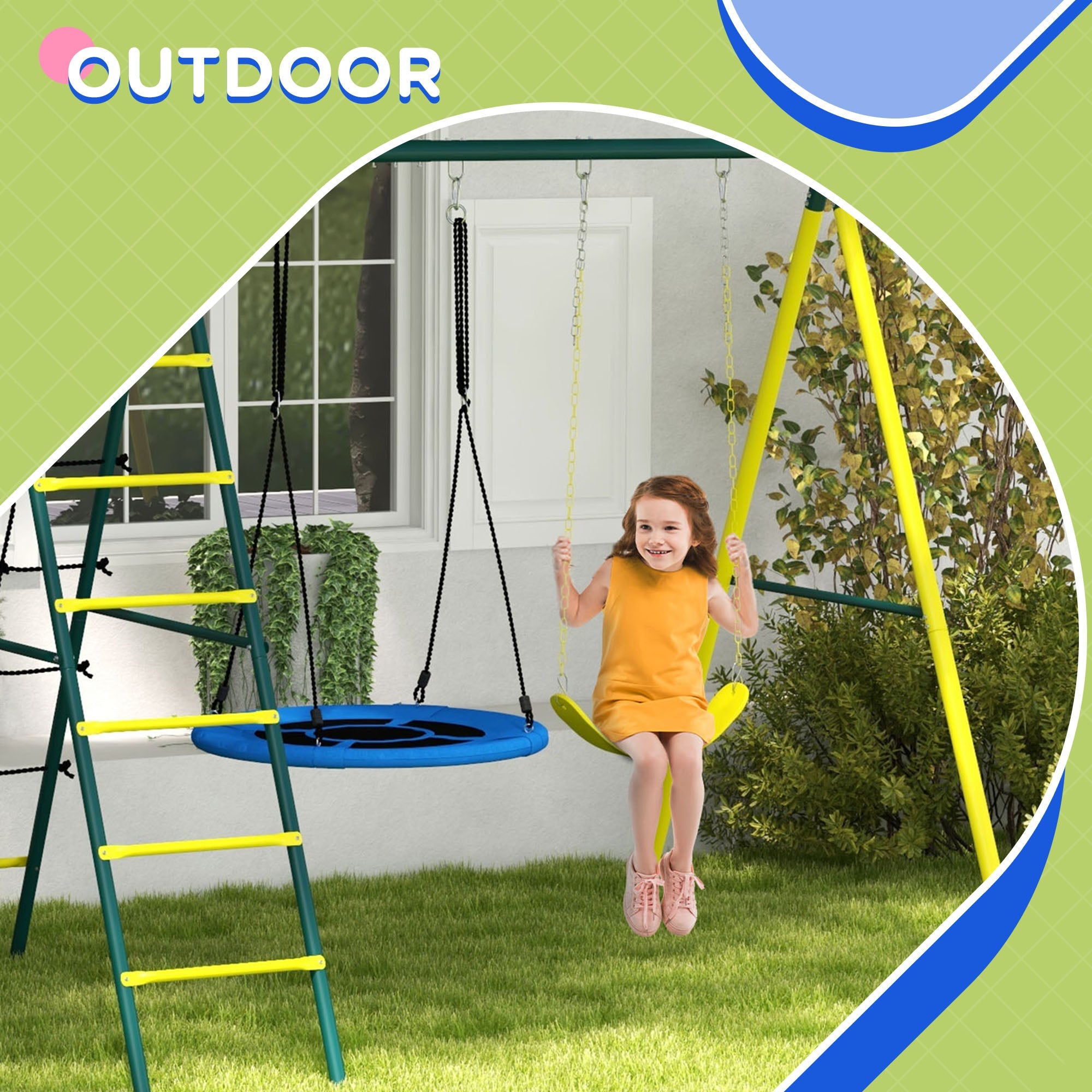 Outsunny Swing Set 4-in-1 for Kids, Saucer Swing, Seat, Climbing, Basketball Hoop, 3-8 Years, Yellow 