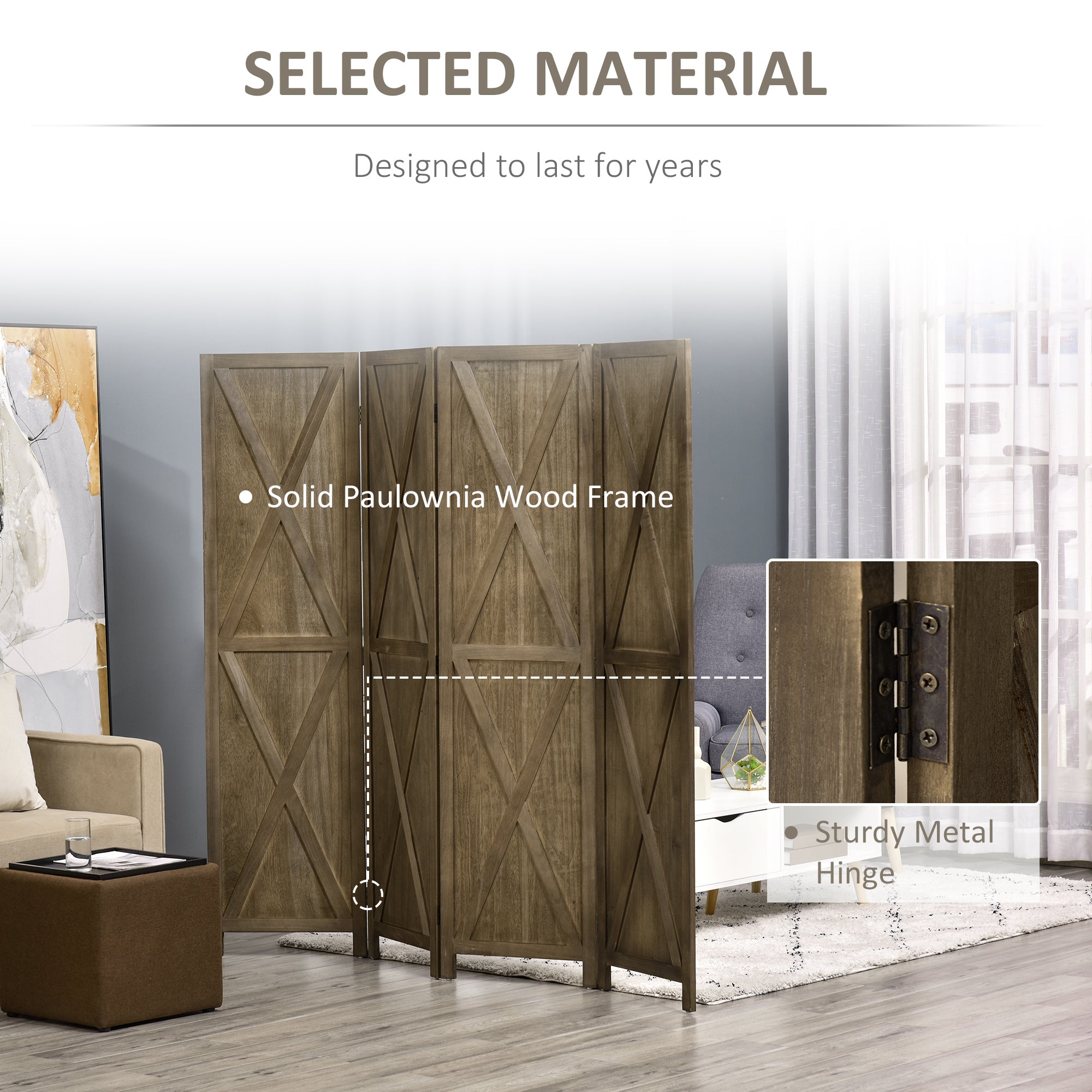 HOMCOM 4-Panel Wall Partition Farmhouse Room Separator: Foldable Design Wooden Frame 5.6FT, Brown 