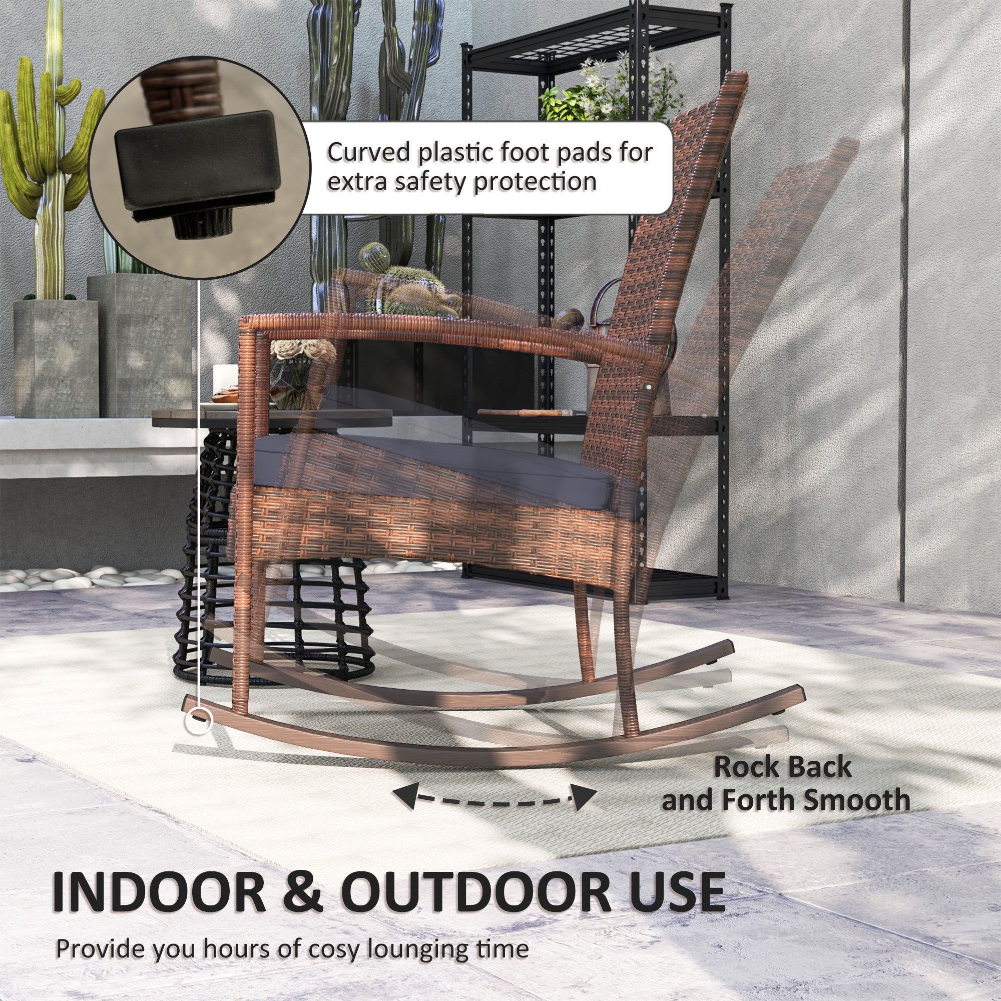 Outsunny Outdoor PE Rattan Rocking Chair, Garden Glider Rocking Chair, Wicker Patio Chair Set with Armrest and Cushion, Dark Blue 