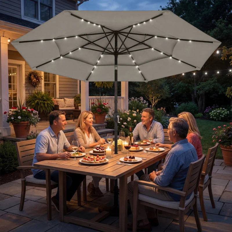 9.3 ft Patio Umbrella with Solar LED Lights, Cover, 3 Tier Outdoor Market Table Parasol with Tilt, Crank, Grey