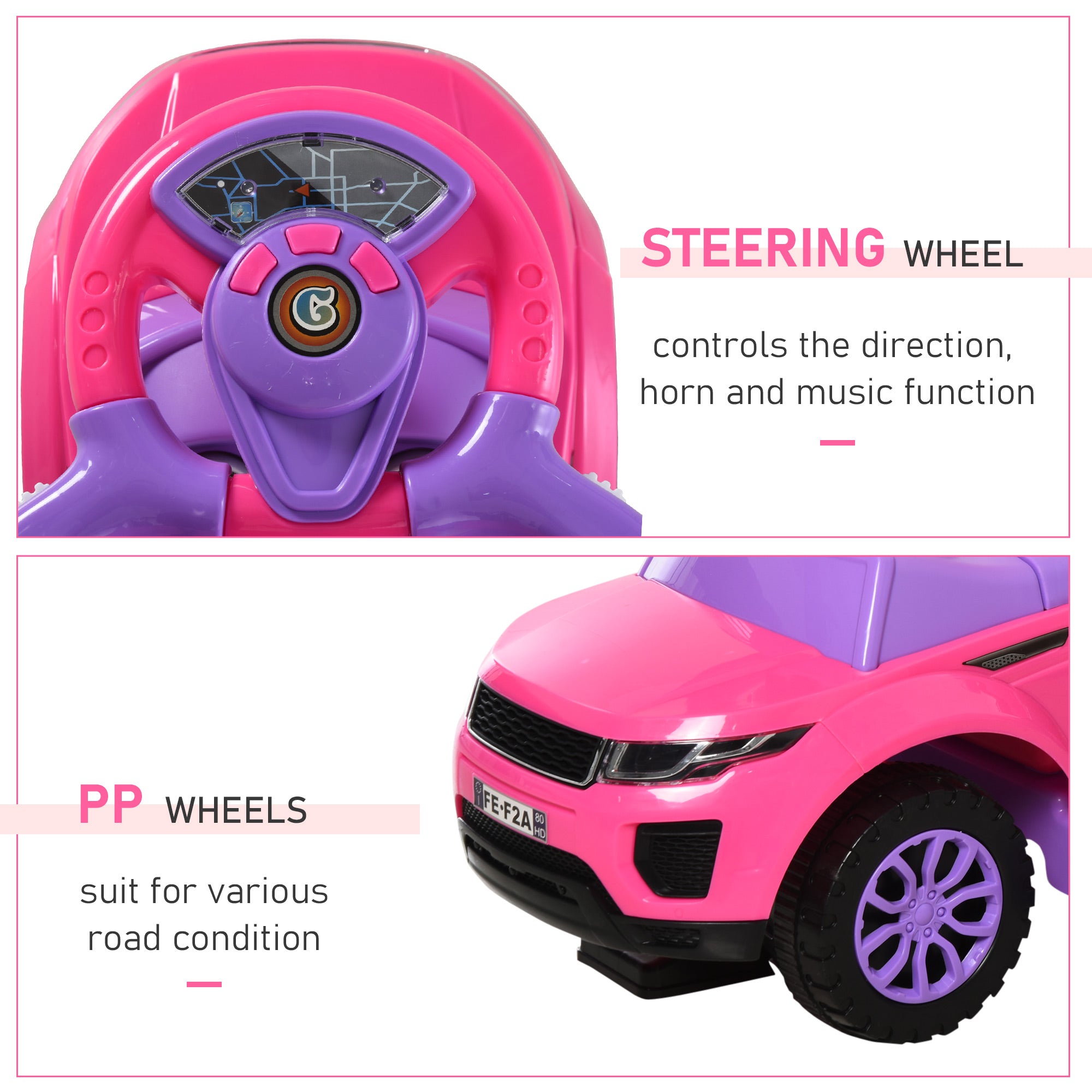 Aosom 3 In 1 Kid Ride on Push Car Stroller Sliding Walking Car with Horn Music Light Function Secure Bar for 1-3 Years Old Pink 