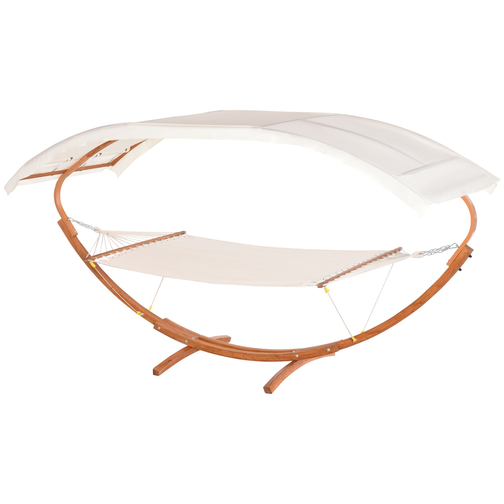 Outsunny 2 Person Wood Swing Arc Hammock Bed and Stand Set with Canopy, White/Teak 