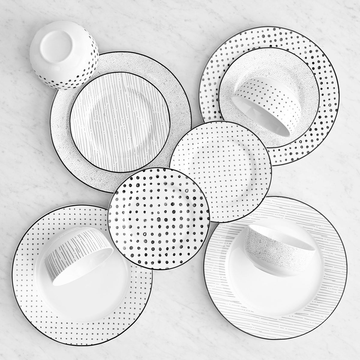 Dinnerware Set with Black Flatware, Porcelain, 12-Piece Dinnerware, Black and White Patterns – Sketch