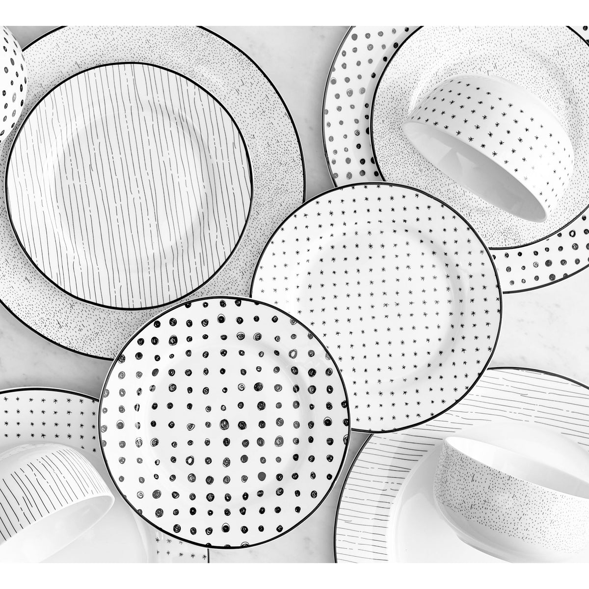 Dinnerware Set with Black Flatware, Porcelain, 12-Piece Dinnerware, Black and White Patterns – Sketch