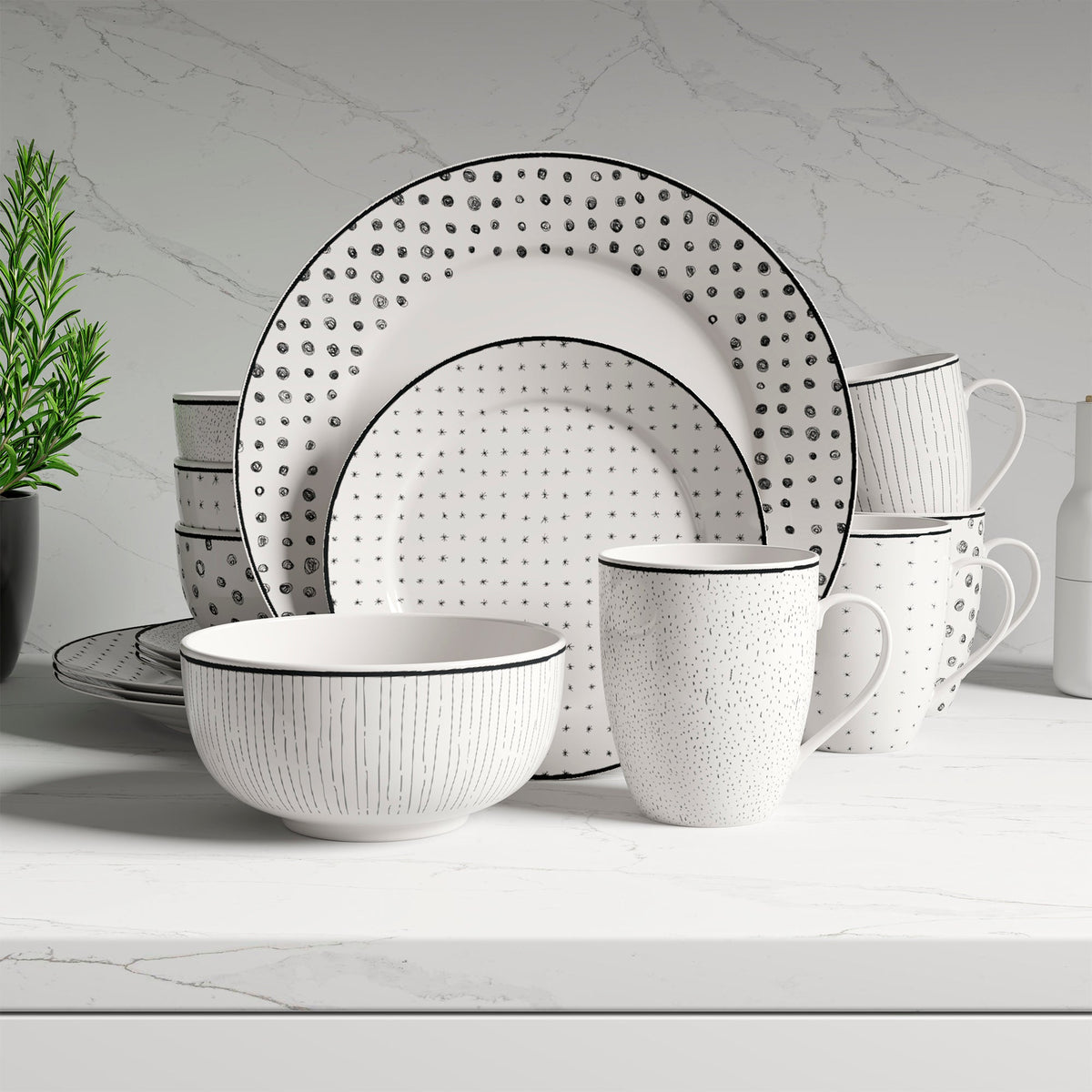 Dinnerware Set with Black Flatware, Porcelain, 12-Piece Dinnerware, Black and White Patterns – Sketch