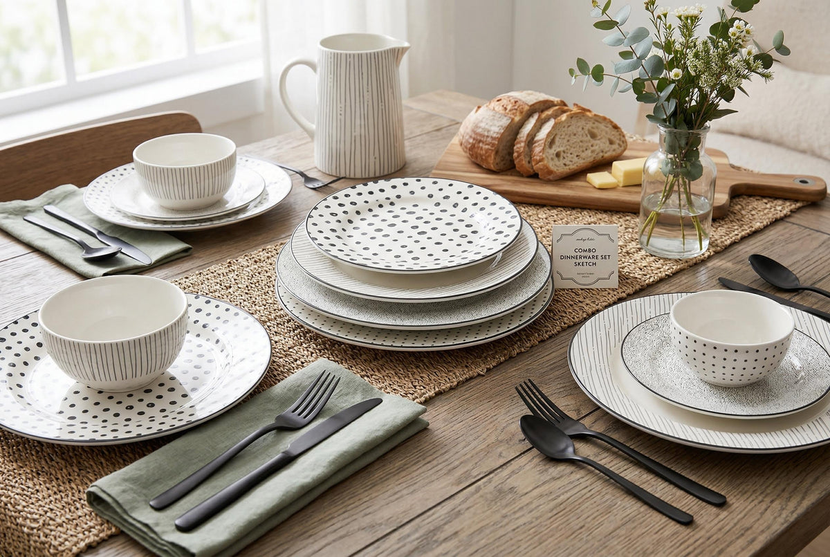 Dinnerware Set with Black Flatware, Porcelain, 12-Piece Dinnerware, Black and White Patterns – Sketch