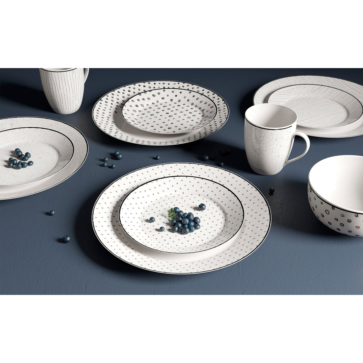 Dinnerware Set with Black Flatware, Porcelain, 12-Piece Dinnerware, Black and White Patterns – Sketch