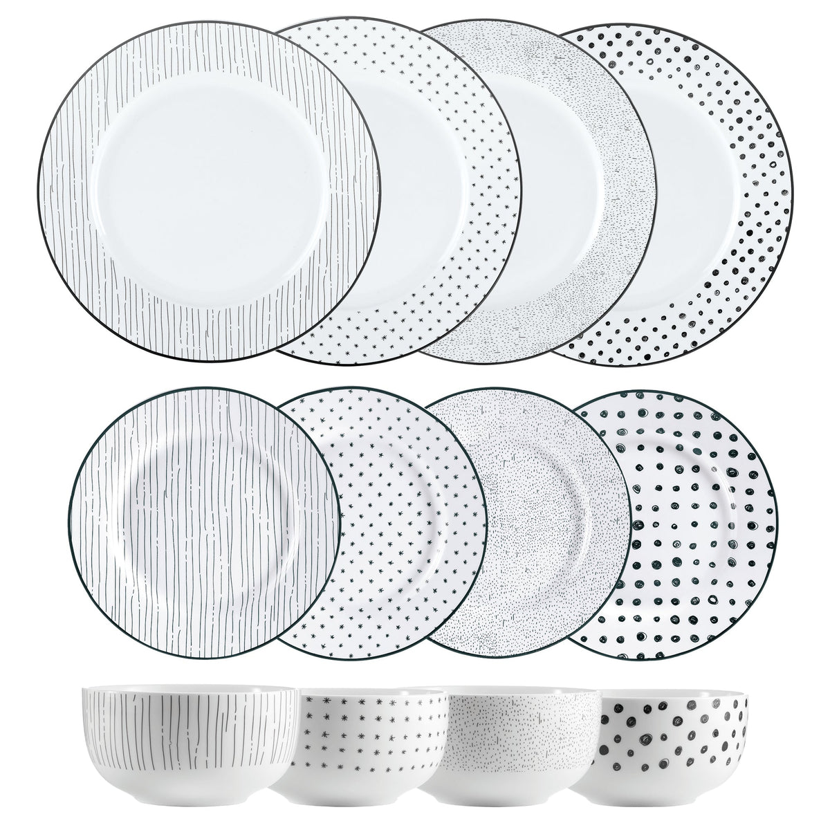 Dinnerware Set with Black Flatware, Porcelain, 12-Piece Dinnerware, Black and White Patterns – Sketch