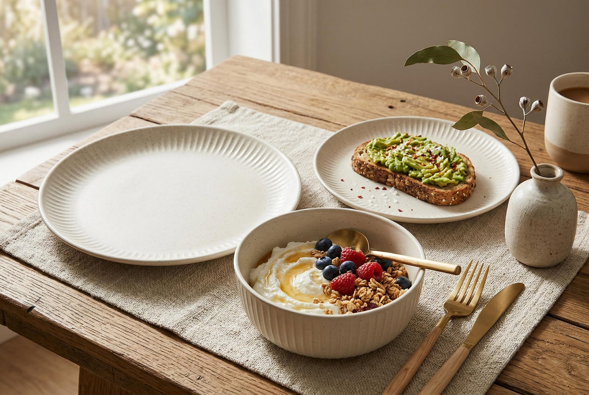 Dinnerware Set, 12-Piece, Stoneware, Fluted Embossed, Bone – Sesame