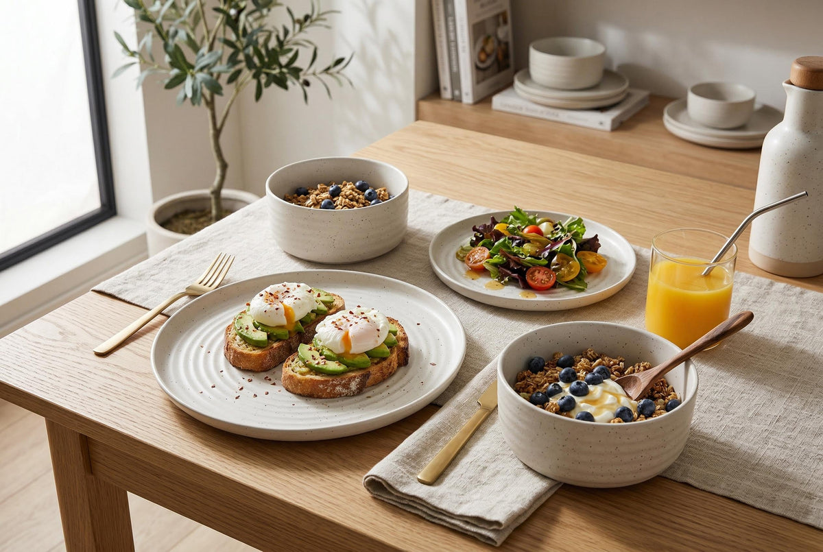 Dinnerware Set, 12-Piece, Stoneware, Speckled Off-White, Ribbed – Rachel